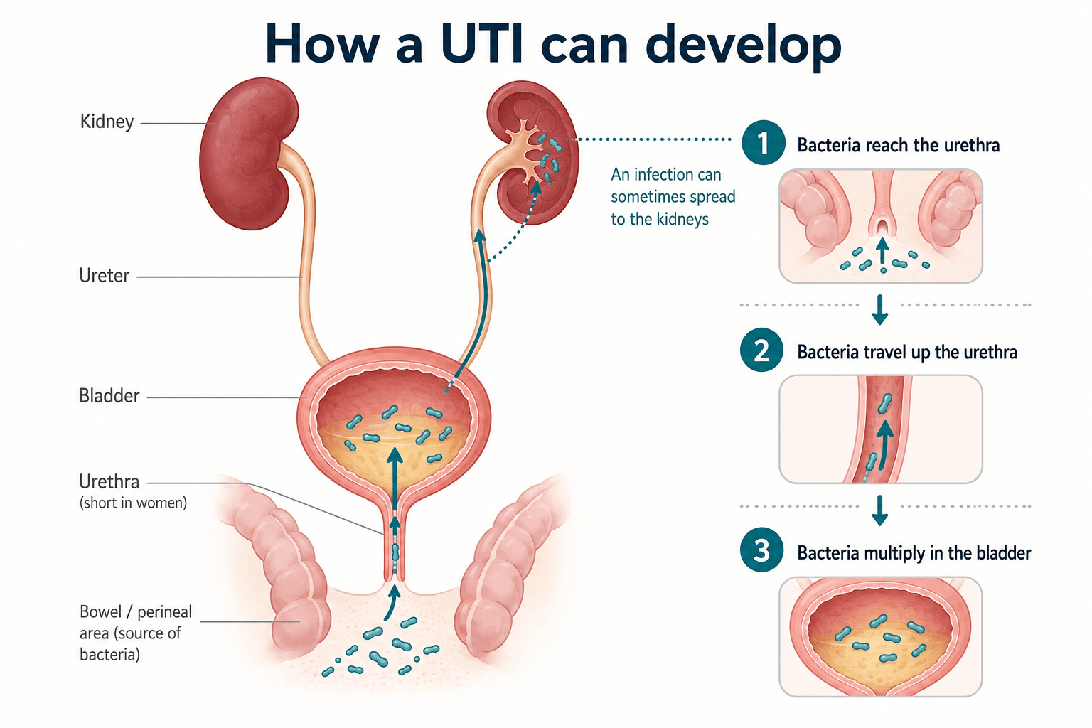 Diagram showing bacteria entering the female urethra, travelling upwards into the bladder and potentially spreading through the ureters to the kidneys.